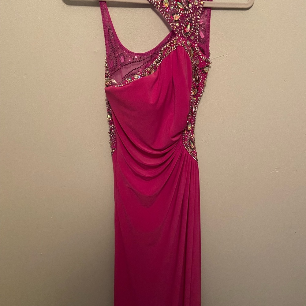 Tony Bowls Fuchsia One-Shoulder Beaded Prom Dress